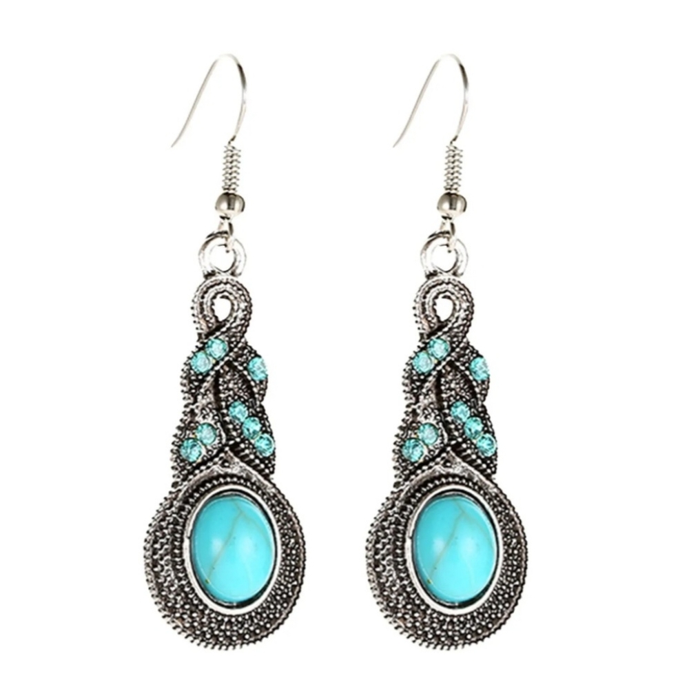 Turquoise Blue Crystal Twist Twisted Braid Braided Boho Faux Stone Hook Earrings